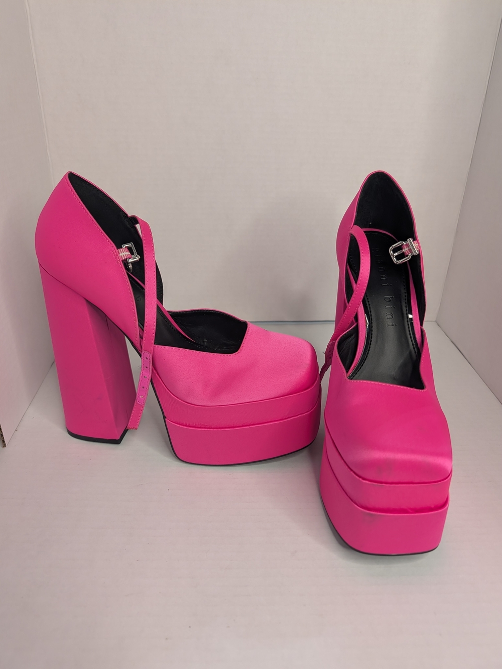 Gianni Bini Pink Satin Double Platform Heels Pumps Ankle Strap Women's Size 9